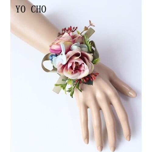 YO CHO Wedding Rose Artificial Silk Flower Wrist Corsage Bridesmaid Hand Flower Men Boutonniere Wedding Dancing Party Decoration