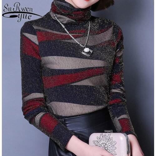 Womens long sleeve striped lace shirt in autumn and winter 2021 womens tops and blouses Casual ladies tops and shirts 7824 50