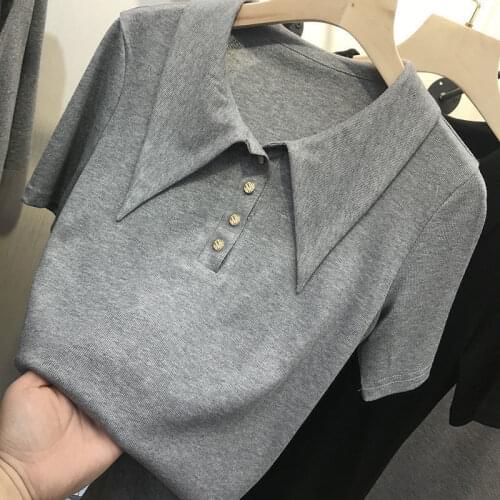 Turn-Down Collar Knitted Button Women T-Shirts Summer New 2021 Button Turn-Down Collar Short-Sleeved Slim Female Pulls Tops