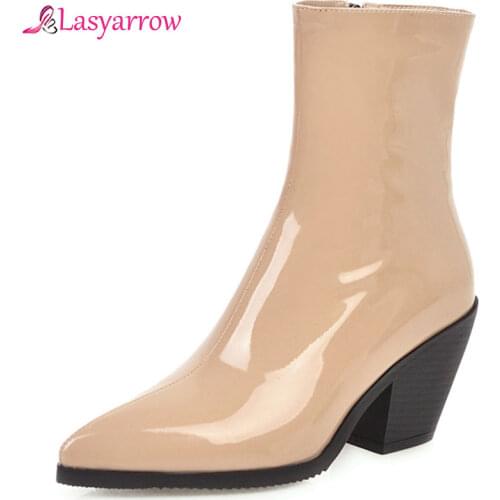 Lasyarrow High Heels Women Ankle Boots Patent Leather Brand Designer Shoes Women Pointed Toe Fall Winter Zipper Boots J1120