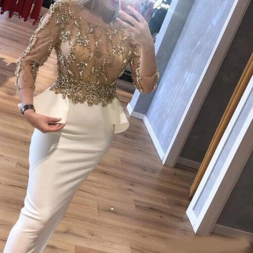 Saudi Arabic Mermaid Evening Dresses Scoop 3/4 Long Sleeves Prom Dress With Beads Sequins Peplum Formal Women Party Vestidos de