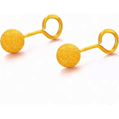 999 Real 24K Yellow Gold Earrings Women Luck Round Ball Stud Earrings 1.2-1.5g Brush-finished Craft Earrings