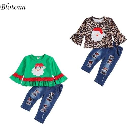 Blotona Girls 2Pcs Set Long Flared Sleeve Lepoard Top Santa Claus Ruffled Sweatshirt Ripped Jeans Kids Christmas Outfits 1-6Y