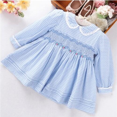 C071683 autumn infant baby girls smocked dresses blue plaid smocked hand made cotton long sleeve kids children clothing