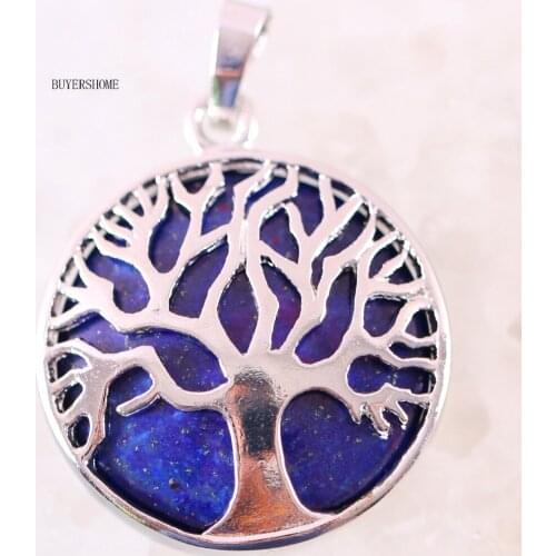 Color Tree of life Round Necklace Pendant 25MM Natural Stone Blue Lapis 1Pcs K416