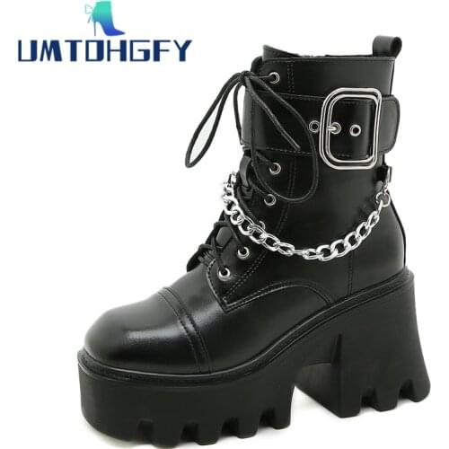 Spring Autumn Leather Gothic Black Boots Women Heel Sexy Chain Chunky Heel Platform Boots Female Punk Ankle Boots Zipper Buckle
