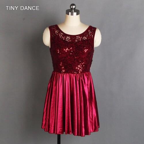Blue/Burgundy Ballet Dress, Lyrical & Contemporary Dance Costume for Girls Sequin Lace Bodice with attached Satin Skirt 20165