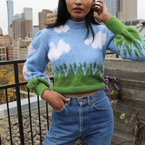 Klacwaya women 2020 fashion cartoon lantern sleeve o-neck sweater ladies winter chic pullovers sexy female casual style