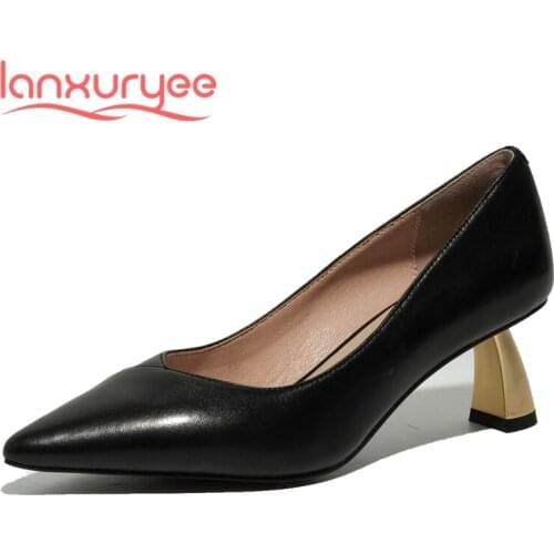 Lanxuryee korean streetwear full grain leather high quality pointed toe high strange heel slip on elegant ladies women pumps L83