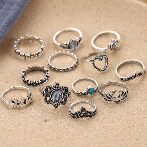 13 Pcs/set Ring Set New Fashion Bohemian Retro Crystal Flower Leaves Hollow Lotus Rhinestone Women Wedding Anniversary Gift