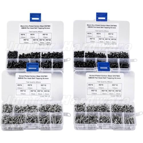 480pcs M3(3mm) Nickel Black Plated Carbon Steel Phillips Pan Flat Head Self Tapping Screws Assortment Kit