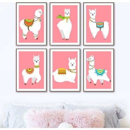 Cute Cartoon Animal Llama Nursery Wall Art Canvas Painting Nordic Posters And Prints Alpaca Wall Pictures Baby Kids Room Decor