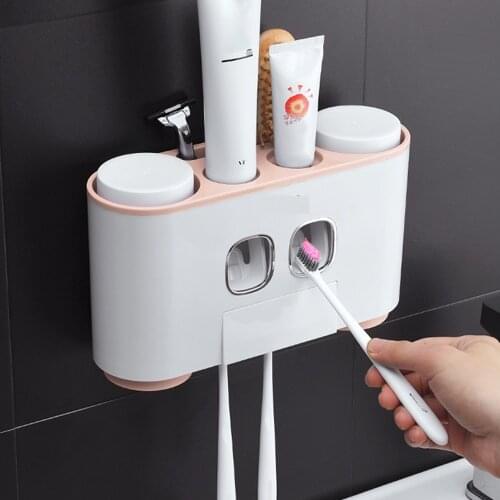 Wall-Mounted Toothbrush Holder Toiletries Storage Rack with 2 Toothpaste Dispensers 4 Cups and 5 Toothbrush Slots Bathroom Rack