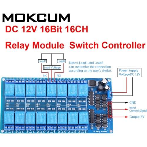 DC 12V 16Bit Relay Module 16CH Switch Controller 16-Channel Optocoupler Isolator Low Level Trigger Module