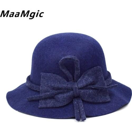 New Stly Autumn Winter Womens Felt Hat Fedoras Big Brim Hats For Women British Style Vintage Church Hats Lady Flat Brim Fedoras