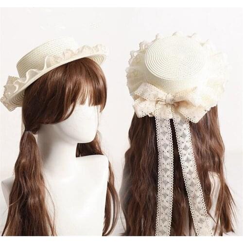 Mori Girl Summer Straw Hats For Women Beach Sun Hat Lolita Kawaii Princess Lace Bow Cap B1765