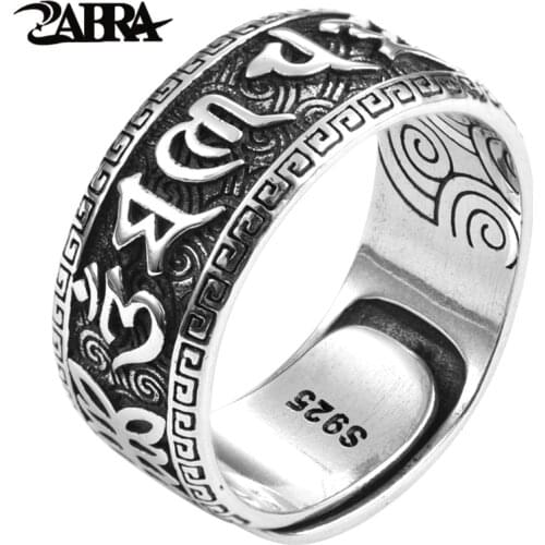 ZABRA Tail Ring Six Words Vintage Rings for Men Women Solid 925 Sterling Silver Hip Hop Couple Buddha Jewelry Size 7 to 9