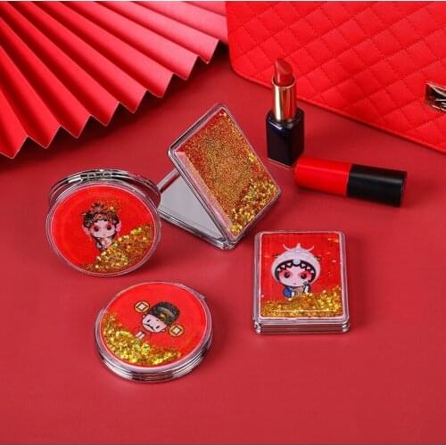 CASHOU39 Makeup Mirror Magnifying Quicksand Sequin Chinese Opera Doll Cartoon Pattern Portable Pocket Mirror Travel Creative