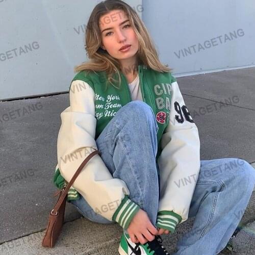 B-TOTO American Retro Green Stitching Letter Embroidery Baseball Uniform Jacket Female Tide Ins Jacket 2021 New Fashion