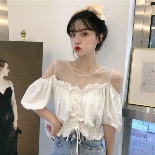 Blouse Women Shirt 2021 Summer Mesh Stitching Drawstring Puff Sleeve Short Sleeve Womens Top Blusas Mujer De Moda