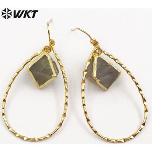 WT-E448 Hot Sale beautiful colors rainbow fluorite stone Earrings for Women Jewelry Natural stone in gold strim women Earrings