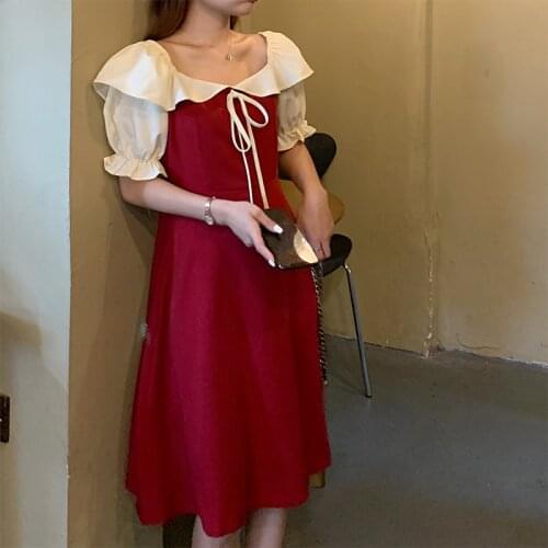 2020 Women Summer Vintage Elegant Patchwork Ruffle Collar A-line Dress Knee Length Sundress