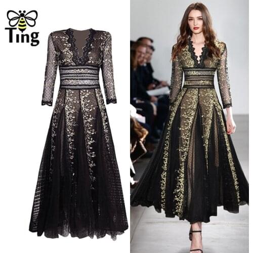 Tingfly Women Runway Designer Fashion Lace Flower Embrodiery A Line Luxury Party Dinner Dresses Lady Elegant Retro Robes Traf