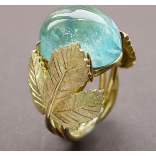 Delicate Elegance Jewelry Gold Metal Leaves Blue Resin Stone Ring For Women Wedding Engagement Fashion Jewelry Gifts Wholesale