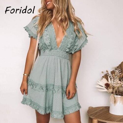 Foridol Backless Lace Up Boho Dress Women Summer Casual Beach Dress Ruffle A-line Dress Mini Vestidos Clothes Harajuku Dress