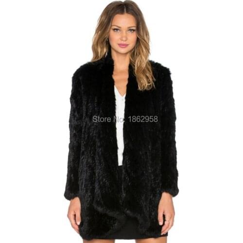 SJ460 Black Trench Winter Coat Best Quality Factory Sale Rabbit Fur Coat Cropped Collar from China