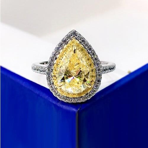 100% 925 Sterling Silver 7*10MM Pear Water Drop Cut Yellow High Carbon Diamond for Women Wedding Engagement Ring Jewelry Gift