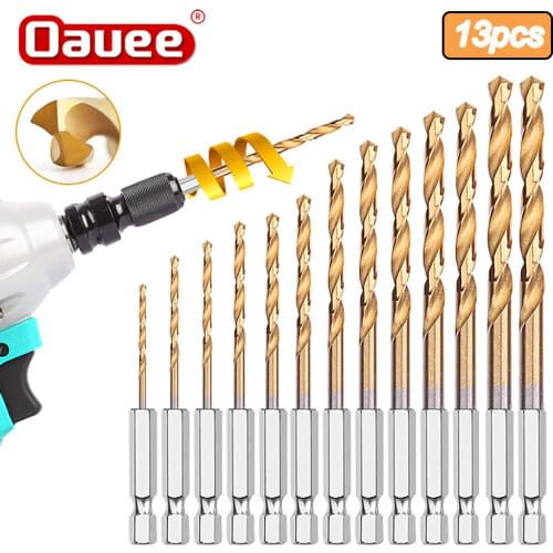 Oauee 13pcs/lot HSS High Speed Steel Titanium Coated Drill Bit Set 1/4 Hex Shank 1.5-6.5mm Twist Drill bit makita drill bit set