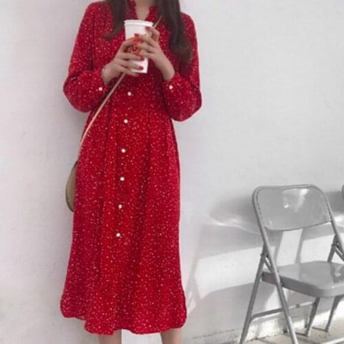 2021 Long Sleeve V Neck Casual Dresses Women Spring Dot Chiffon Long Shirt Dress Sashes