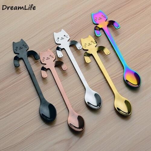 304 Gold-Plated Stainless Steel Cat Spoon Creative Mug Tea Large Capacity Spoon Long Stirring Cat Hanging Cup Coffee Soup Spoon