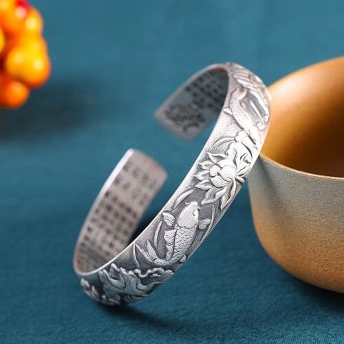 999 Sterling Silver Womens Buddhist Lotus Heart Sutra Bracelet Relief