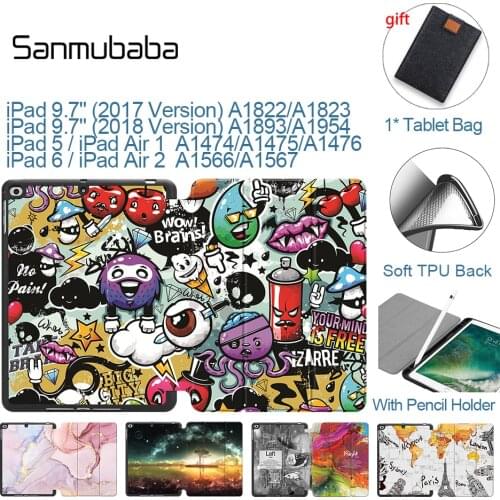 Sanmubaba Case For iPad 9.7 2017 2018 for iPad Air 2 Air 1 5th/6th TPU Soft Back PU Leather Flip Smart Cover With Pencil Holder