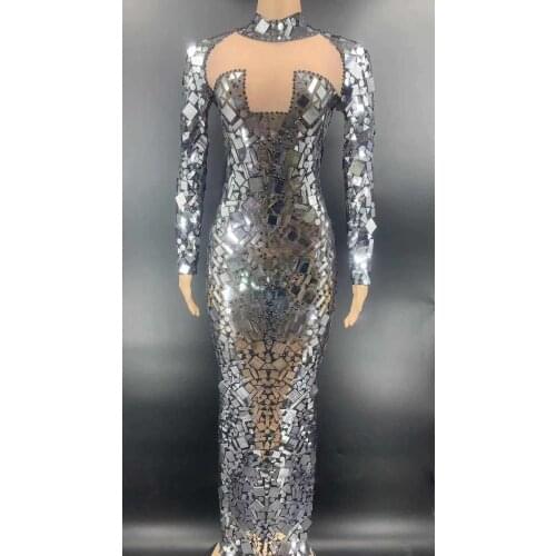 Silver Mirrors Long Black Mesh Dress Birthday Celebrate Transparent Shining Long Dress Prom Bar Lady Dancer Costume