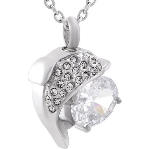 IJD9819 Hold Crystal Dolphin Stainless Steel Cremation Jewelry for Ashes of Loved Ones Keepsake Memorial Necklace