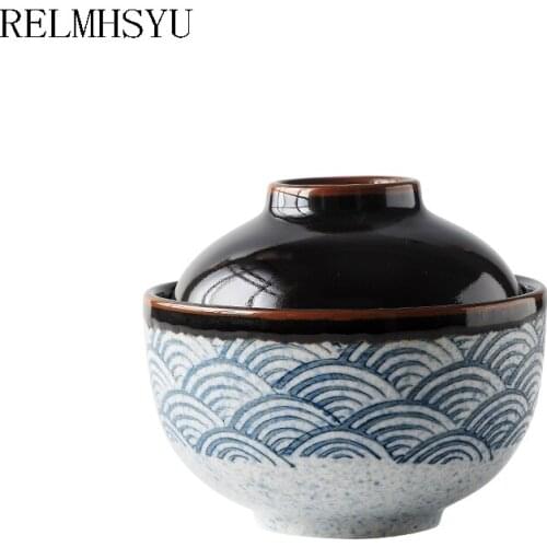 RELMHSYU Japanese Style Ceramic Stew Cup With Lid Steamed Egg Soup Rice Bowl Home Household Tableware
