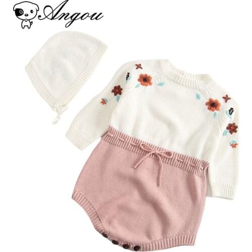 Angou Handmade Embroidered Infant Baby Girls Romper+Hat 2PCS Long Sleeve Flower Jumpsuits Outfit Spring Toddler Baby Clothes Set
