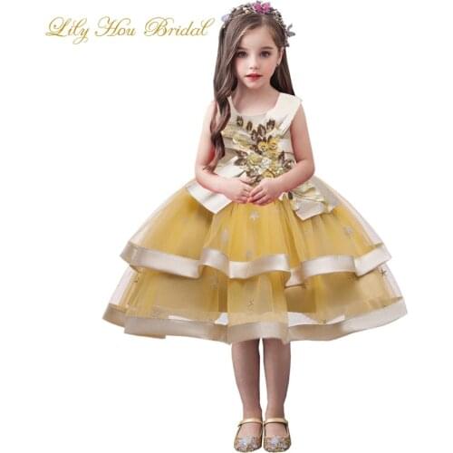 Knee Length Cute Girls Formal Dress Gold Tulle Flowergirl Kids Gown for Weddings Festival Birthday Party Free Shipping