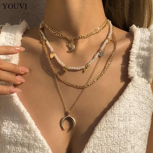 YOUVI Layered Pearl Beads Chains Necklace Set Bohemia Goth Moon Star Pedant Necklace for Women Choker Jewelry Collar Charms