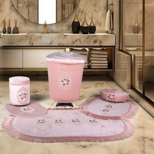 Bonny Home Shems Pink 6 Pieces Laundry Basket Set & Bath Mat Set Organizer Dirty Clothes Storage and Bathroom Rugs