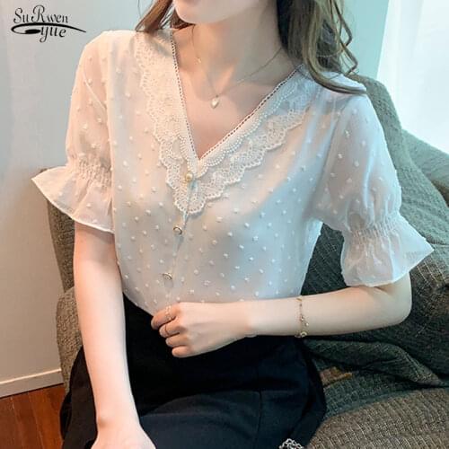 Fashion Women Blouses 2021 Plus Size Print Chiffon Blouse Shirt V Collar Office Blouse Short Sleeve Summer Women Shirts 2889 50
