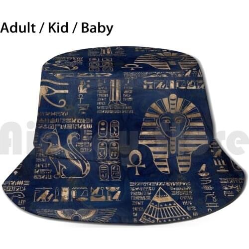 Egyptian Hieroglyphs And Deities - Gold On Blue Marble Bucket Hat Adult kid baby Beach Sun Hats Egypt Egyptian Pharaon Ancient