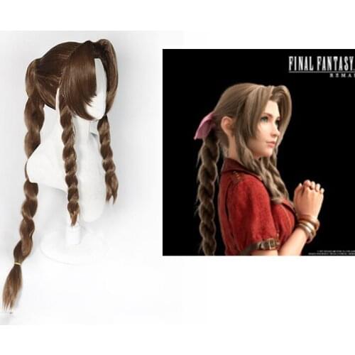 Final Fantasy VII Aerith Gainsborough Cosplay Wig Brown Long Curly Cosplay Wigs Heat Resistant Synthetic Hair Peruca For women