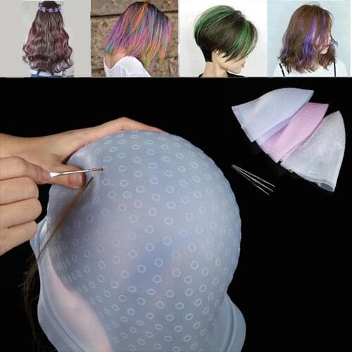 Professional Silicone Reusable Hair Colouring Highlighting Dye Cap Frosting Tipping with Needle Hair Dyeing Color Tools