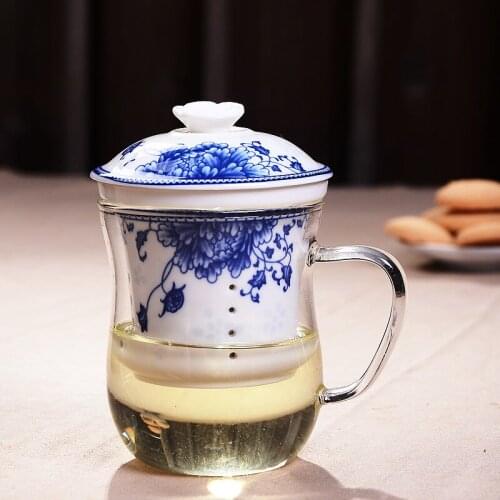 Heat resistant thickened with cover glass cup teacup ceramic filter office cup teaset glass flower pattern