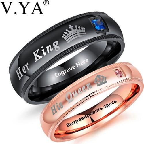 V.YA Promise Couple Rings Trendy Her King & His Queen Custom Crytal Stone Crown Charm Stainless Steel Wedding Ring for Women Men