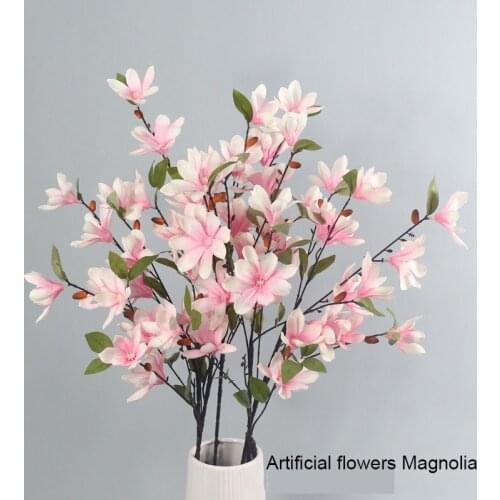 5Pcs 5 Fork Magnolia Fake Silk Flower Branch for Home Decoration Faux Flowers Wreath Wedding Backdrop Wall Flower Arrangement
